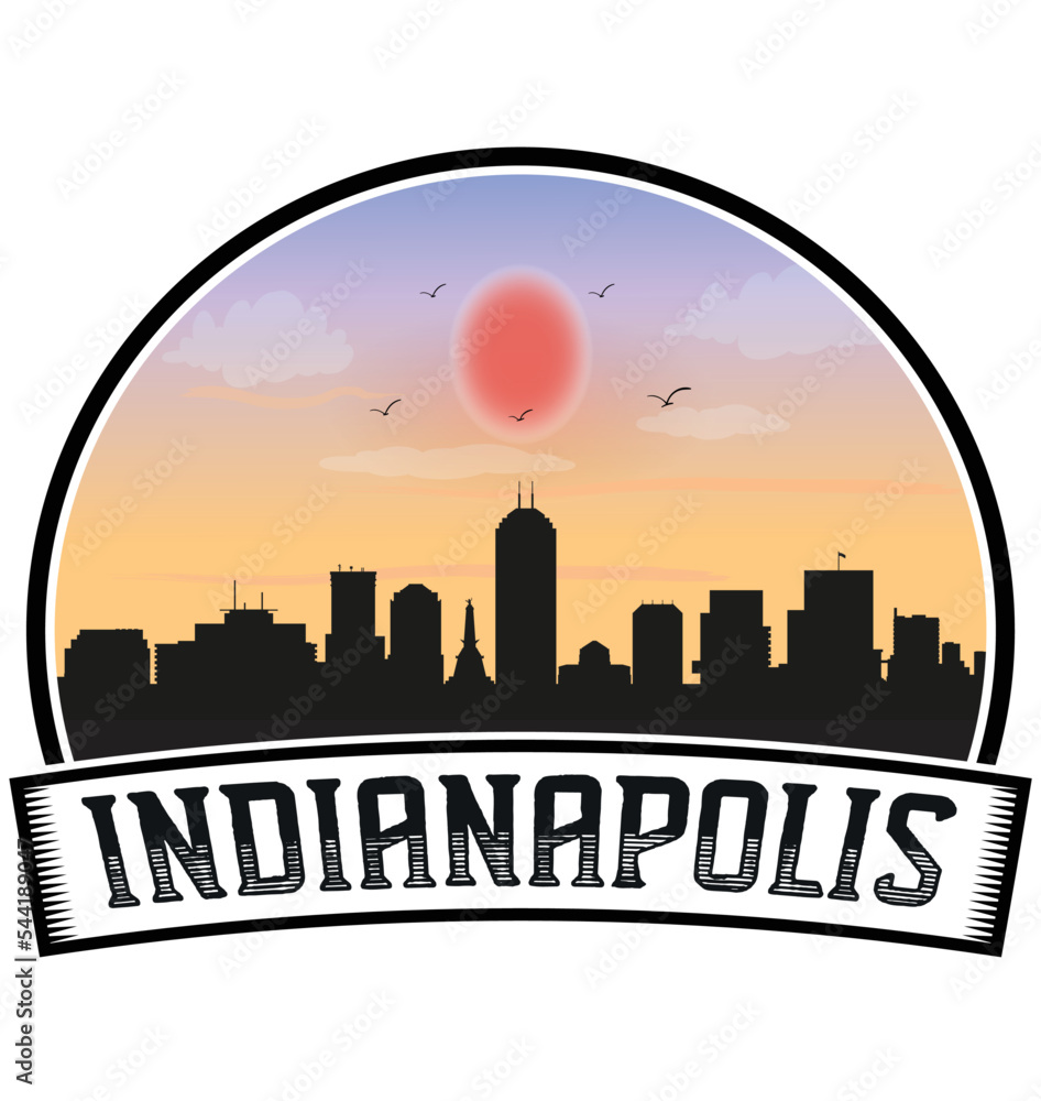 Indianapolis Indiana USA Skyline Sunset Travel Souvenir Sticker Logo Badge Stamp Emblem Coat of Arms Vector Illustration EPS