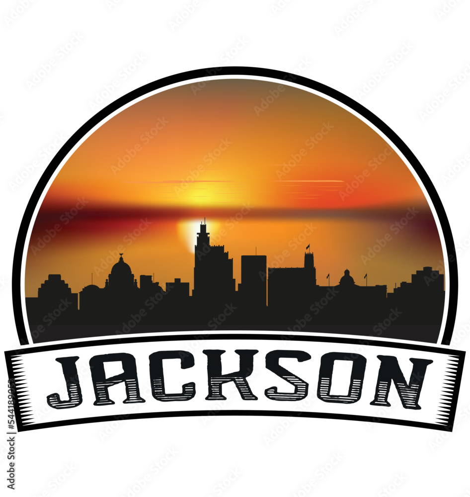 Jackson Mississippi USA Skyline Sunset Travel Souvenir Sticker Logo Badge Stamp Emblem Coat of Arms Vector Illustration EPS