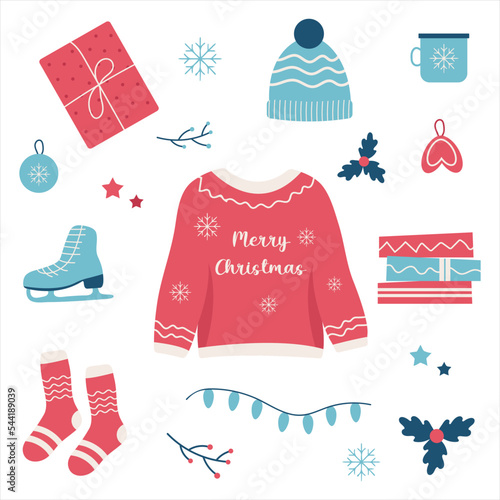 Hygge christmas set, winter holiday decor, gifts, clothing, socks, xmas home symbols, cartoon vector set, christmas hygge, doodle cozy things., vector illustration in flat style