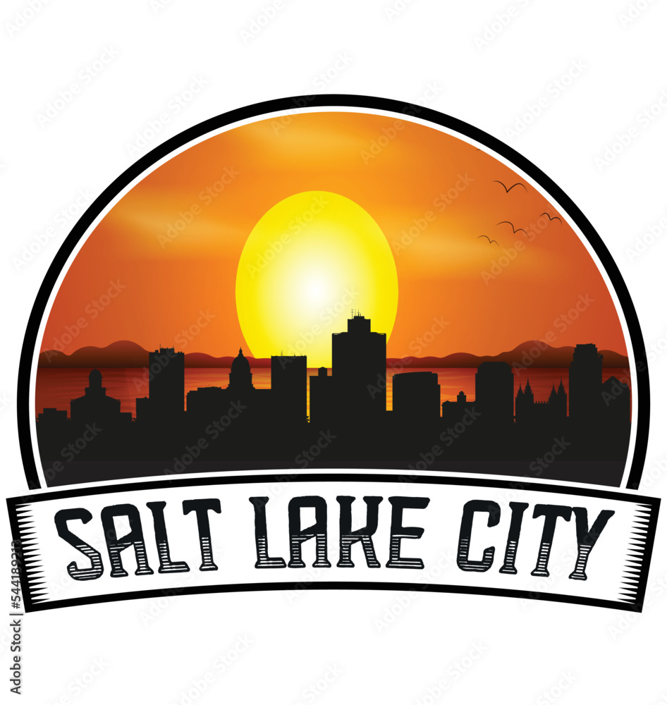 Salt Lake City Utah USA Skyline Sunset Travel Souvenir Sticker Logo Badge Stamp Emblem Coat of Arms Vector Illustration EPS