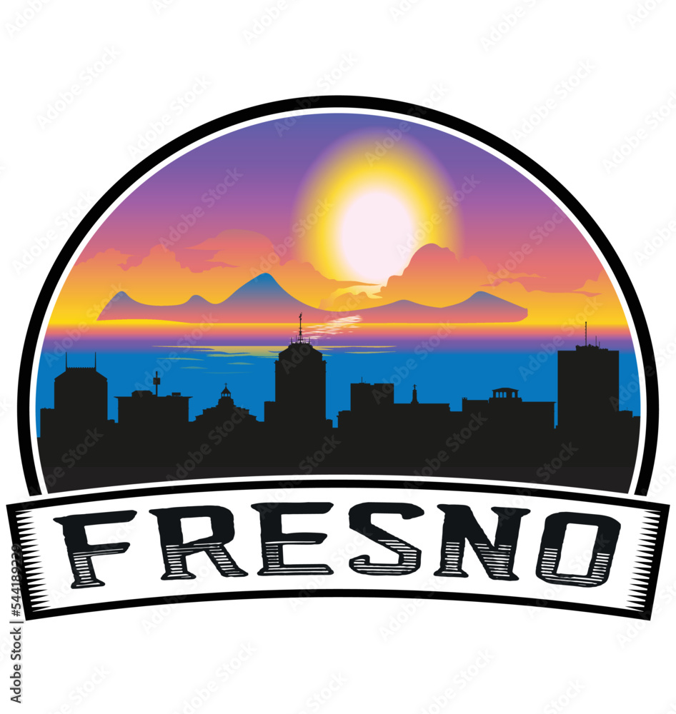 Fresno California USA Skyline Sunset Travel Souvenir Sticker Logo Badge Stamp Emblem Coat of Arms Vector Illustration EPS
