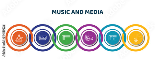 editable thin line icons with infographic template. infographic for music and media concept. included music triangle, organ, bold double bar line, french horn, stave, minim icons.