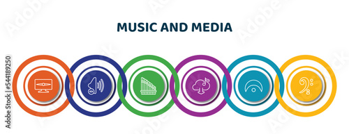 editable thin line icons with infographic template. infographic for music and media concept. included television screen off, low volume speaker, panpipe, downloaded music cloud, fermata, octave clef
