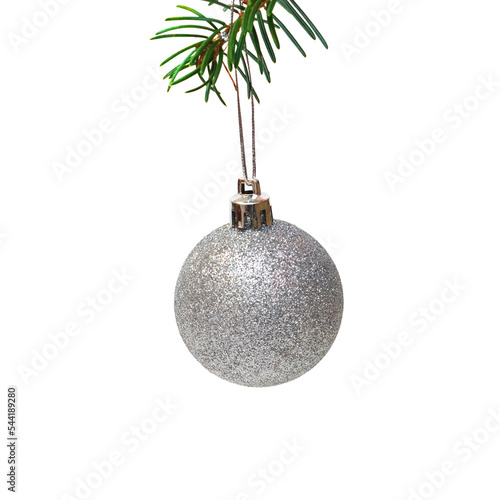 silver christmas ball is hanging on christmas tree  on white background.