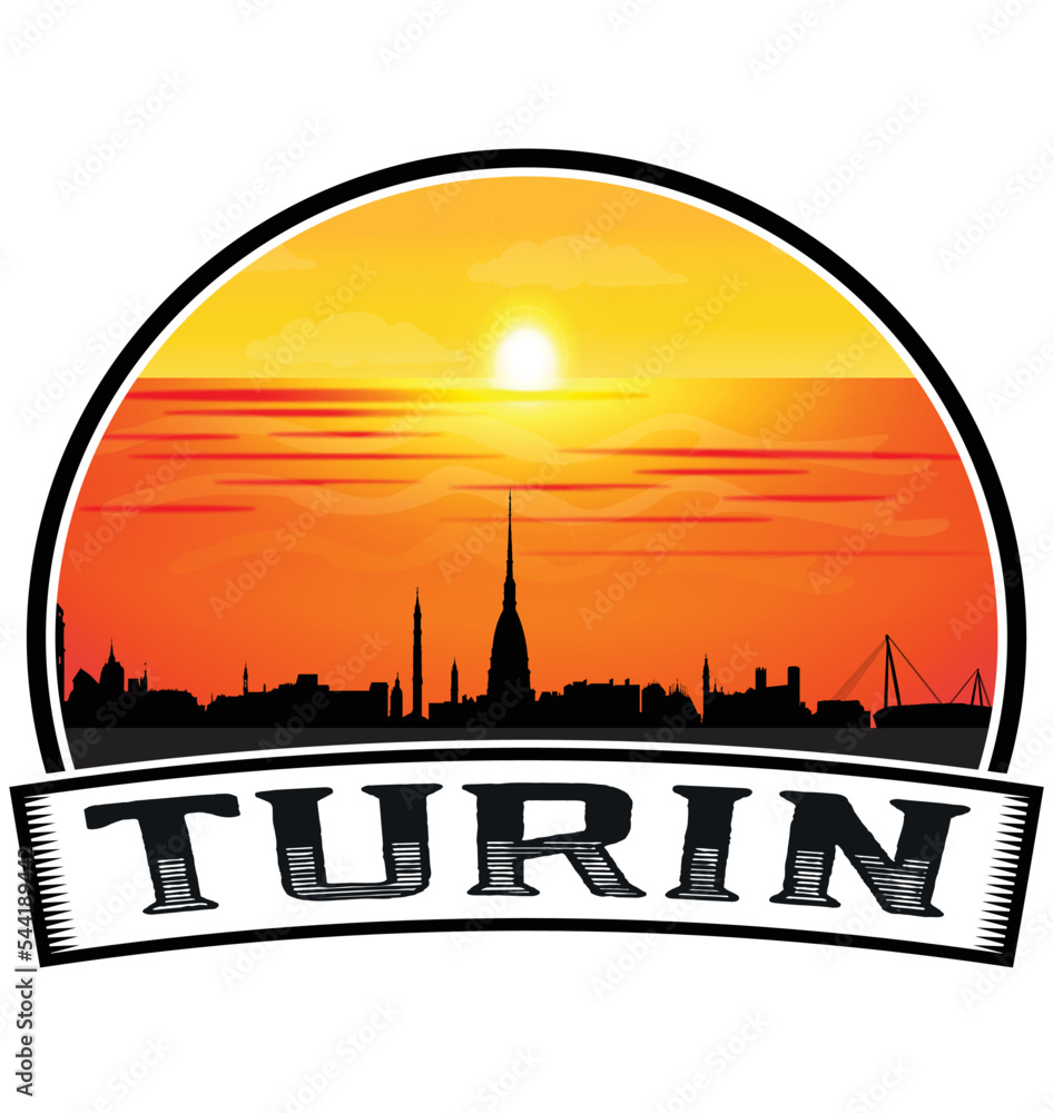 Turin Italy Skyline Sunset Travel Souvenir Sticker Logo Badge Stamp Emblem Coat of Arms Vector Illustration EPS