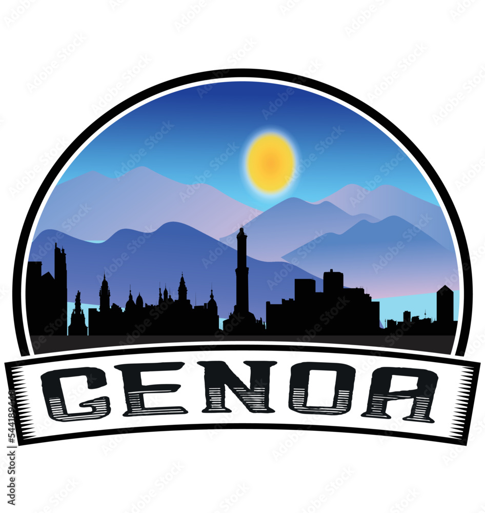 Genoa Italy Skyline Sunset Travel Souvenir Sticker Logo Badge Stamp Emblem Coat of Arms Vector Illustration EPS
