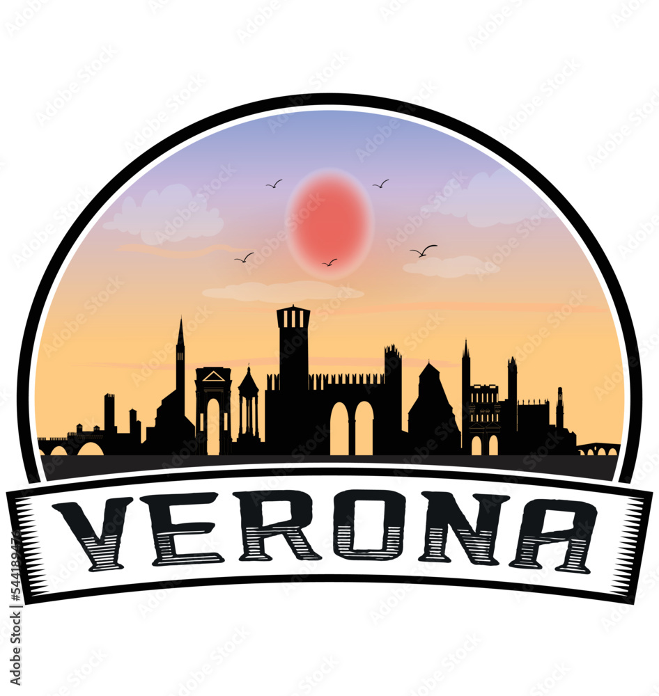 Verona Italy Skyline Sunset Travel Souvenir Sticker Logo Badge Stamp Emblem Coat of Arms Vector Illustration EPS