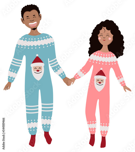 Happy couple in Christmas pajamas on white background