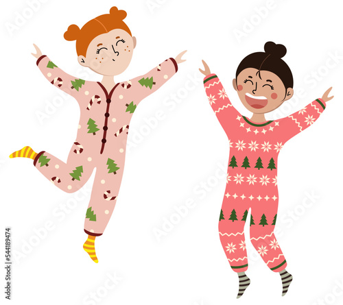 Happy little girls in Christmas pajamas on white background