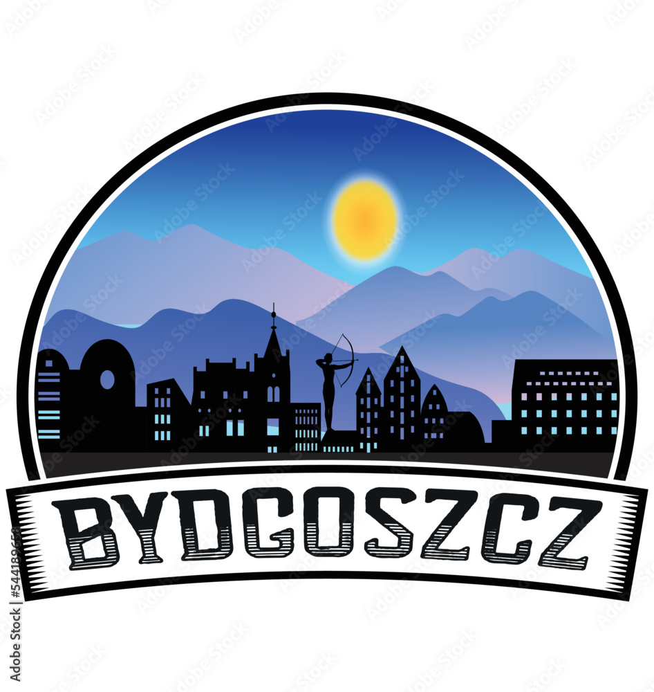 Bydgoszcz Poland Skyline Sunset Travel Souvenir Sticker Logo Badge Stamp Emblem Coat of Arms Vector Illustration EPS