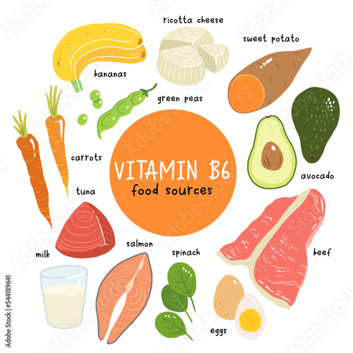 Vitamin b6 vector stock illustration. Food products with a high content of the vitamin b6. sweet potato, ricotta cheese, milk, salmon, tuna, avocado, spinach, eggs, carrots, beef, green peas. banana