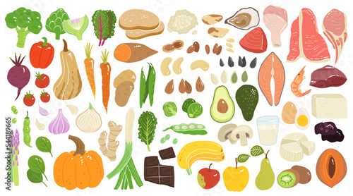 Collection of hand drawn food illustrations isolated on white background. Bundle of fresh delicious vegetables, fruits, dairy, fish and meat. wholesome healthy food.
