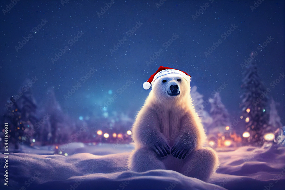 Christmas polar bear in the winter landscape. Polar bear santa. Magical