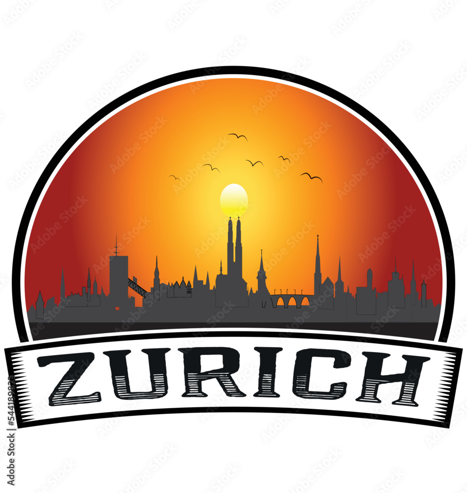 Zurich Switzerland Skyline Sunset Travel Souvenir Sticker Logo Badge Stamp Emblem Coat of Arms Vector Illustration EPS