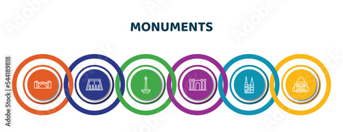 editable thin line icons with infographic template. infographic for monuments concept. included stari most, abu simbel, national monument monas, barcelona, chartres cathedral, shrine of remembrance