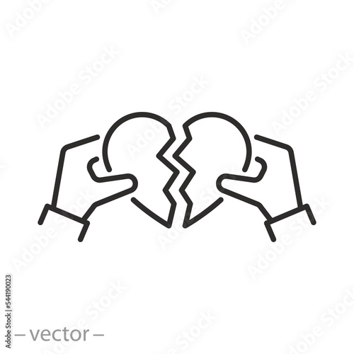 broken love icon, connect or split heart, crack in relationship, thin line symbol on white background - editable stroke vector illustration eps10
