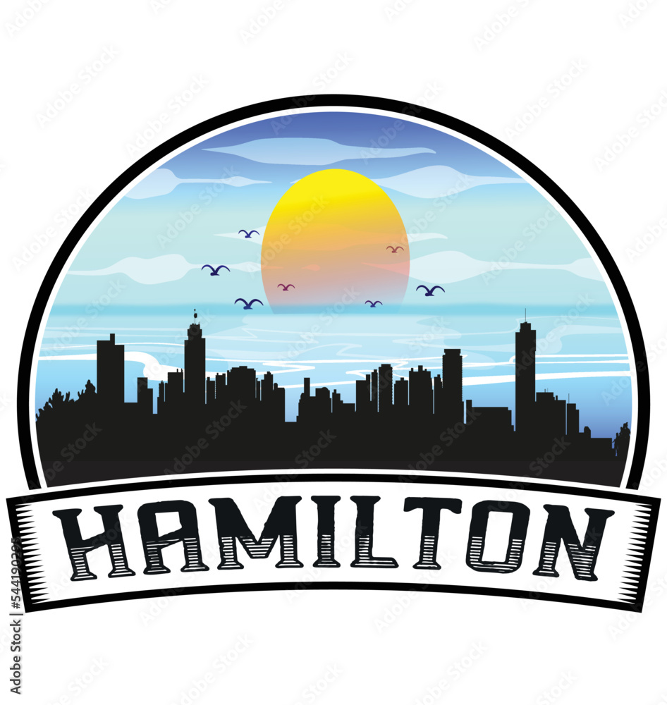 Hamilton Canada Skyline Sunset Travel Souvenir Sticker Logo Badge Stamp Emblem Coat of Arms Vector Illustration EPS