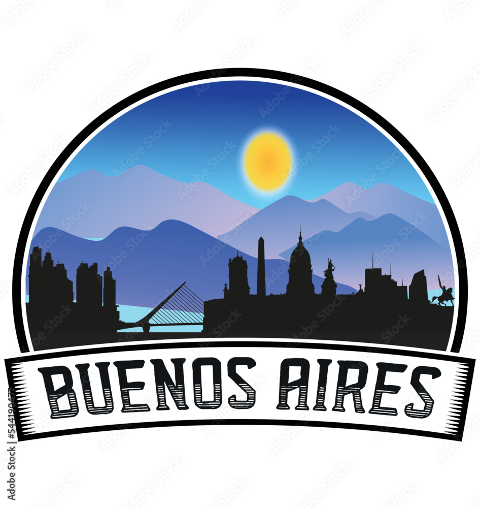 Buenos Aires Argentina Skyline Sunset Travel Souvenir Sticker Logo Badge Stamp Emblem Coat of Arms Vector Illustration EPS