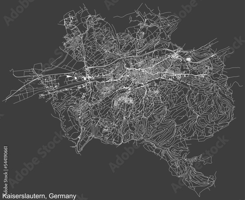 Detailed negative navigation white lines urban street roads map of the German regional capital city of KAISERSLAUTERN, GERMANY on dark gray background