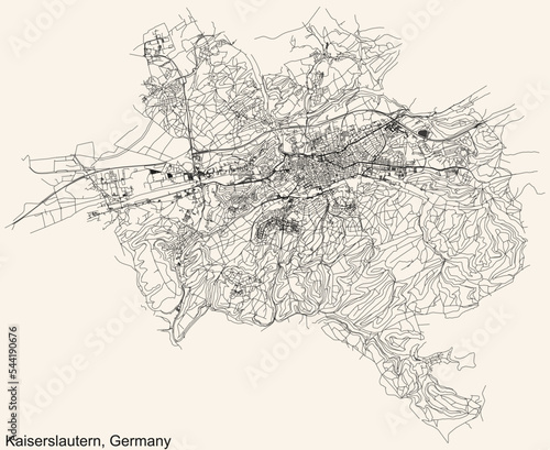 Detailed navigation black lines urban street roads map of the German regional capital city of KAISERSLAUTERN, GERMANY on vintage beige background