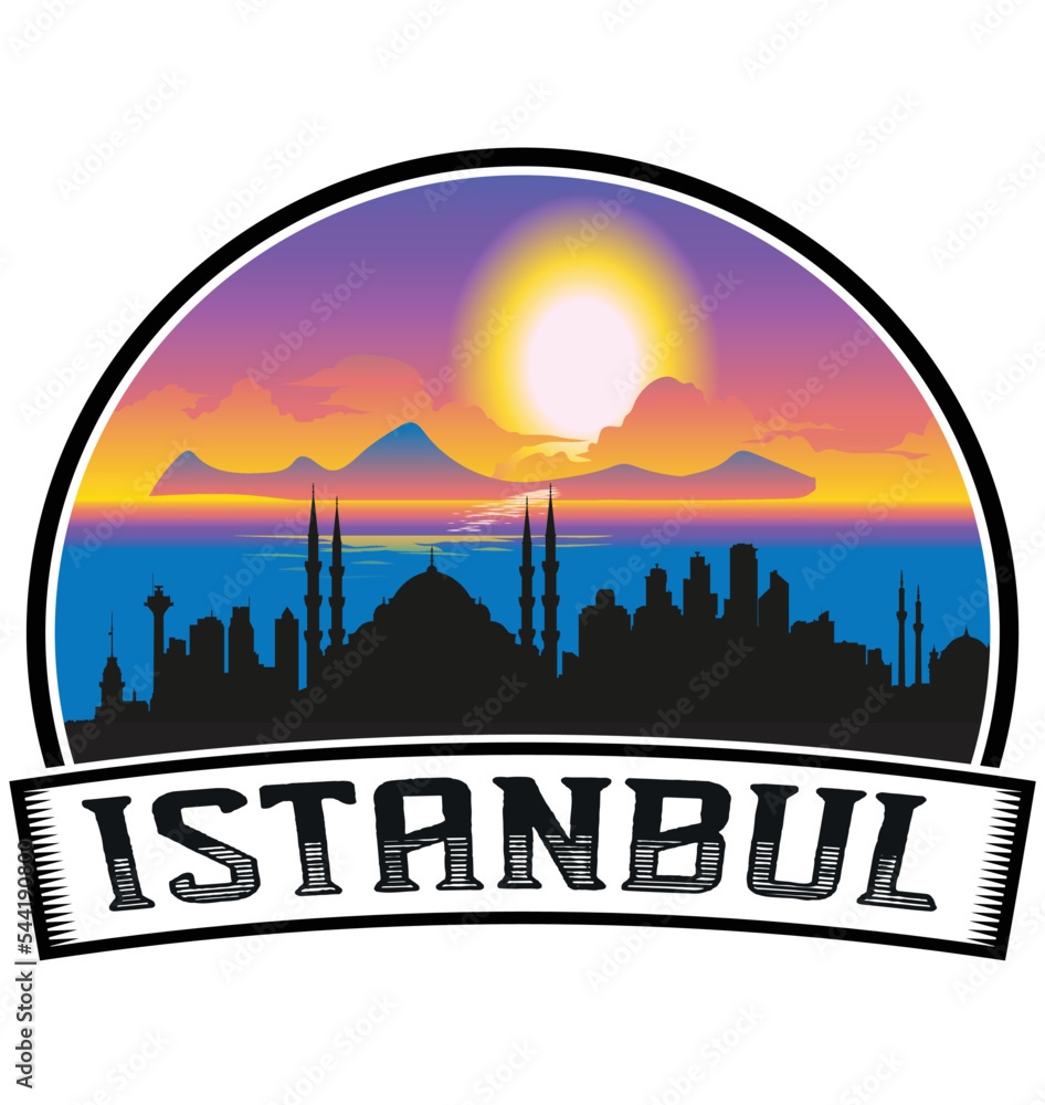 Istanbul Turkey Skyline Sunset Travel Souvenir Sticker Logo Badge Stamp Emblem Coat of Arms Vector Illustration EPS