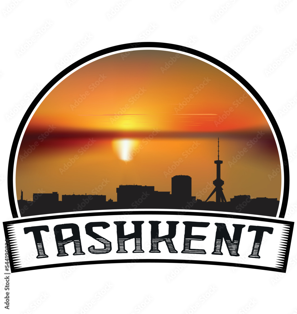 Tashkent Uzbekistan Skyline Sunset Travel Souvenir Sticker Logo Badge Stamp Emblem Coat of Arms Vector Illustration EPS