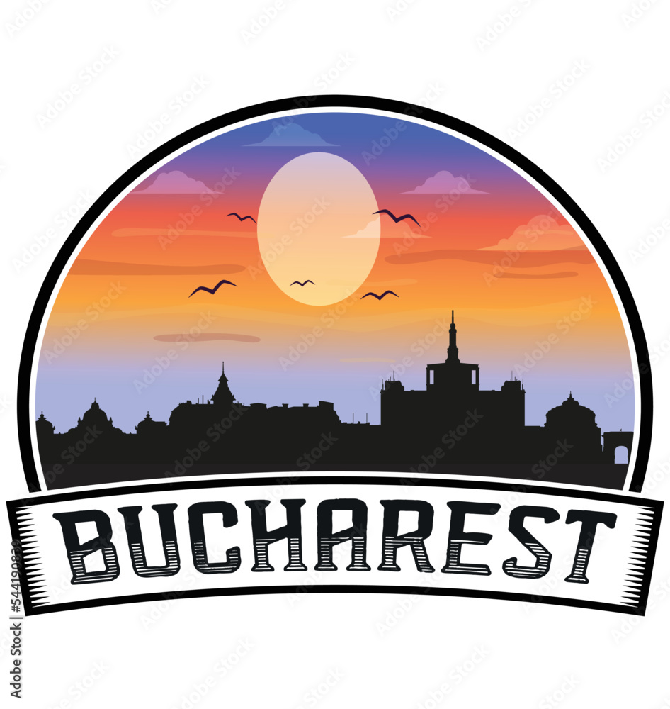 Bucharest Romania Skyline Sunset Travel Souvenir Sticker Logo Badge Stamp Emblem Coat of Arms Vector Illustration EPS