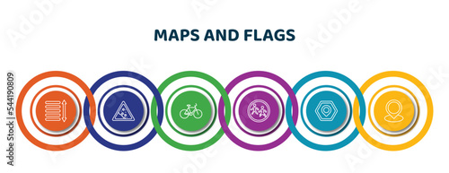 editable thin line icons with infographic template. infographic for maps and flags concept. included spacing, land slide, bicycle, crossing zone, maps mark, location mark icons.