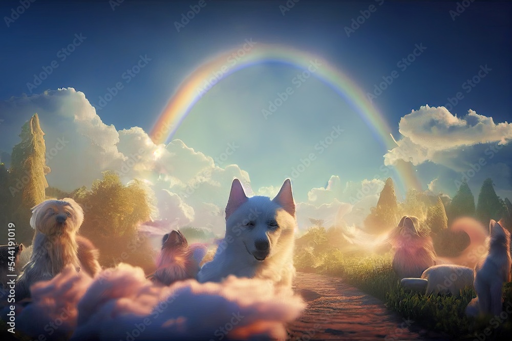 A fantasy dog-cat paradise where pets run and play in a beautiful Eden  garden populated by ethereal clouds, rainbow bridges, and heavenly  sunshine. The idea of an afterlife for animals. Stock Illustration |