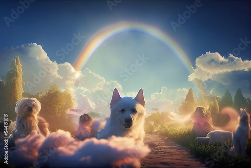 Fotografija A fantasy dog-cat paradise where pets run and play in a beautiful Eden garden populated by ethereal clouds, rainbow bridges, and heavenly sunshine
