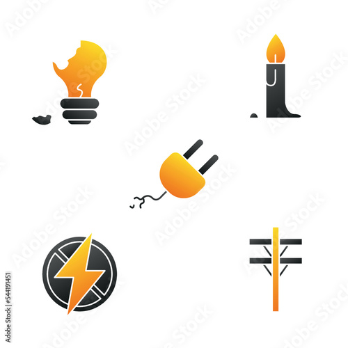 Electricity shortage icon set, light blackout concept, energy outage vector icons, electrical inflation bills emblems, symbols isolated on white background
