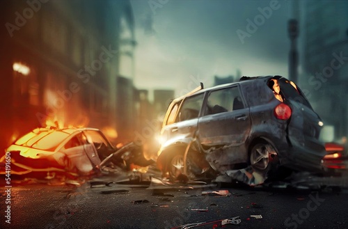 damaged and smashed car wrecks following a street collision. After a rollover of smoking generic cars, a street accident collision occurred and burning. Concept of drink and drive dangers