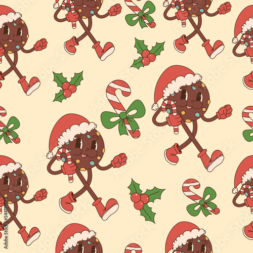 Retro 70s christmas groovy, hippie seamless pattern, with trendy retro cartoon characters. Funky retro aesthetic prints for modern fabric design.