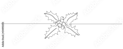 One continuous line drawing of Christmas Holly leaves. Festive aquifolium plant and berry in simple linear style. Template for greeting card, note cover, postcard, logo. Doodle vector illustration