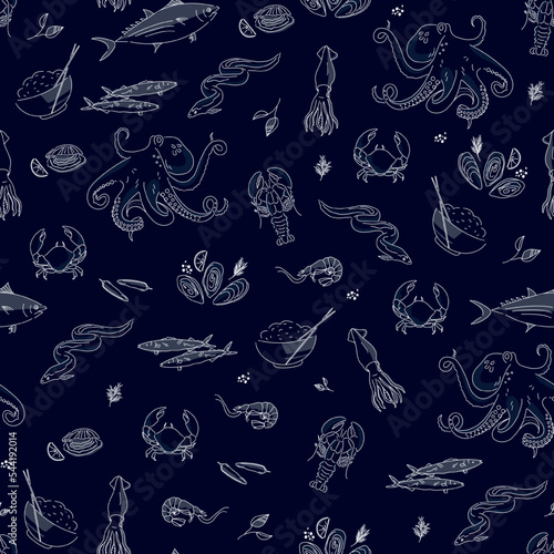 Seamless pattern with mussel, fish salmon and shrimp on blue background. Squid, anchovy, scallop, mollusk, oyster bowl with rice and tuna for product market. Vector illustration in hand drawn style