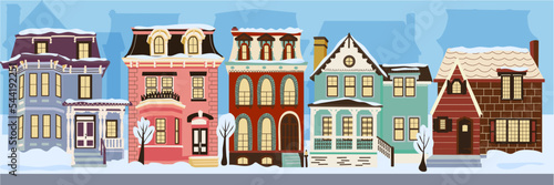 Winter houses on the snowy street. Wonderland background for card
