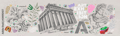 Exhibition, classic and antiquity. Vector illustrations of abstract shapes, temple, ancient greek column, ancient ruins, goddess sculpture and bust for background, flyer or poster