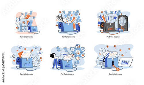 Investment portfolio income dollars currency, buy sell trading, market exchange value metaphor, businessman investor or trader balance portfolio with coins. Financiers analyzing stock market profit