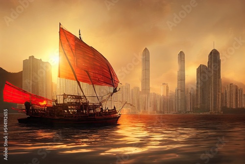 A red-sail junk boat nears skyscrapers and buildings of Hong Kong in China at sunset. 3D illustration.