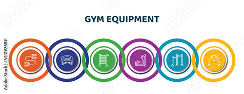 editable thin line icons with infographic template. infographic for gym equipment concept. included strandpulling, jumping equipment, swedish wall, elliptical, pull up bar, jumping rope icons.
