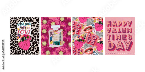 Happy Valentine's Day! Vector illustrations for the holiday of February 14: heart, perfume, lips, kiss, flower and spots for a greeting card, poster or background