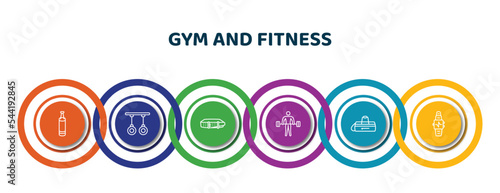 editable thin line icons with infographic template. infographic for gym and fitness concept. included boxing bag, gymnastic rings, fitness belt, exercising dumbbell, gym bag, fitness watch icons.