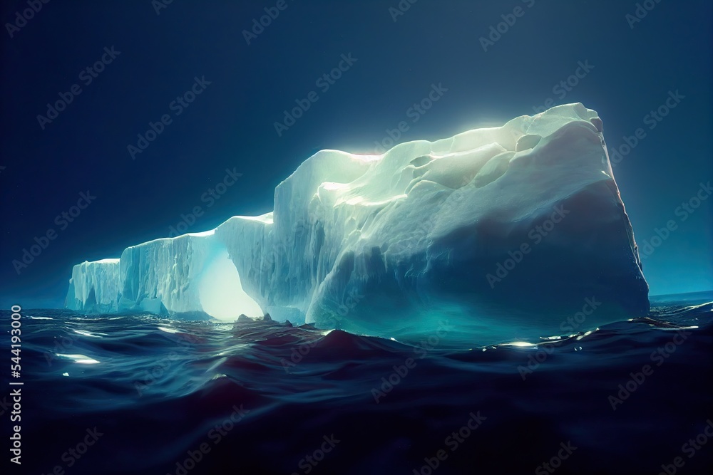 An arctic iceberg floats in water because climate change causes ice