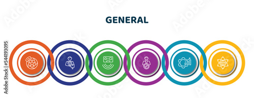editable thin line icons with infographic template. infographic for general concept. included disk brake, hr solutions, active sensor, impeachment, business performance, data science icons.