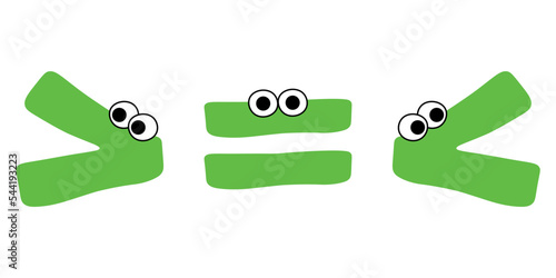 Crocodile inequality symbols. Less than greater than and equal symbol in mathematics. inequality symbols. Vector illustration isolated on white background.