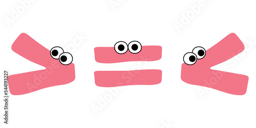 Crocodile inequality symbols. Less than greater than and equal symbol in mathematics. inequality symbols. Vector illustration isolated on white background.