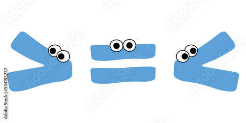 Crocodile inequality symbols. Less than greater than and equal symbol in mathematics. inequality symbols. Vector illustration isolated on white background.