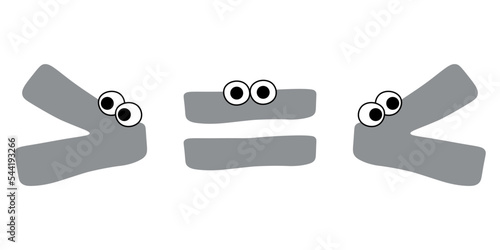 Crocodile inequality symbols. Less than greater than and equal symbol in mathematics. inequality symbols. Vector illustration isolated on white background.