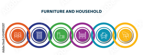 editable thin line icons with infographic template. infographic for furniture and household concept. included ceremonial, drawer chest, chiller, baby cot, cleaned, lounge chair icons.