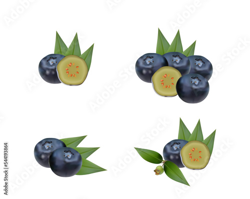 Fototapeta Naklejka Na Ścianę i Meble -  3D realistic blueberry set, lying heaps of berries with leaves, falling bilberries.